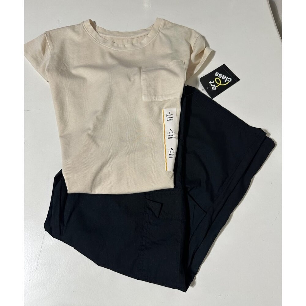 Cat & Jack Girls Plain Pocket Tee 6/7 & Art Class Wide Leg Cargo Pant 6/7 NWT